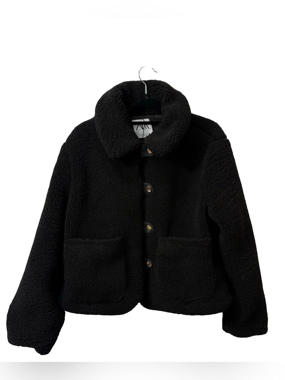 Zara cropped teddy jacket fleece large front pockets Size XS Black